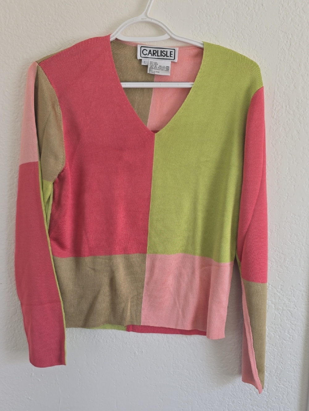 Carlisle Colorblock V-Neck Sweater in Pink, Lime & Tan
